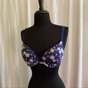 DKNY blue print and black lace underwire bra (32D)